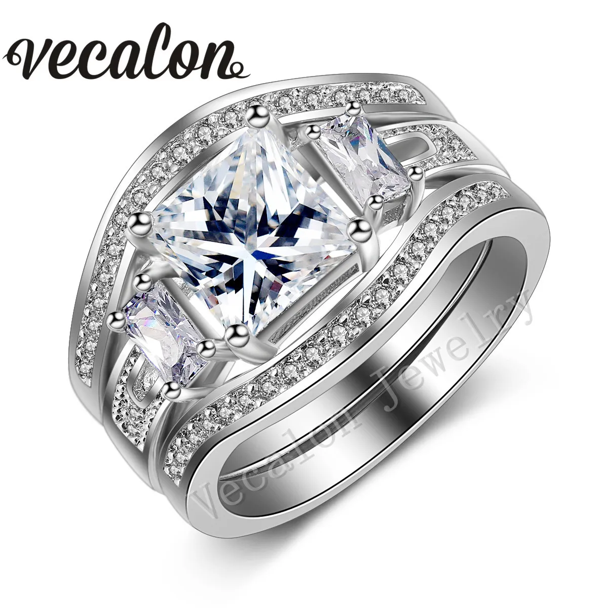 Vecalon Princess Cut 4CT TopazシミュレートDiamond CZの婚約の結婚式のバンドリングセット14ktホワイトゴールド充填パーティリング