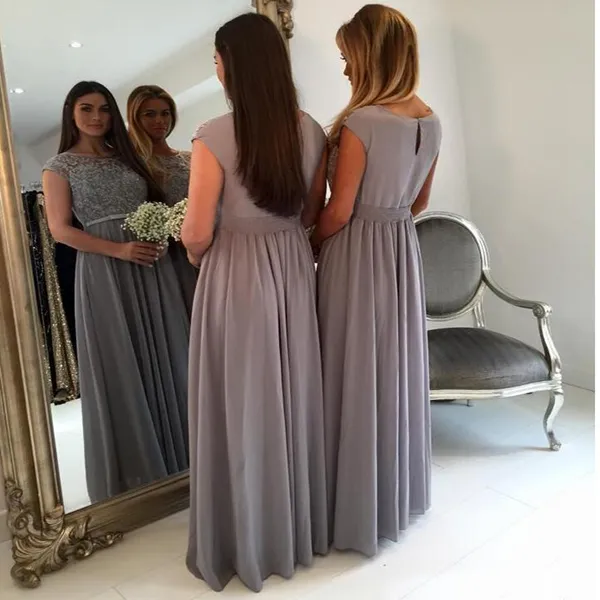 Zarif Uzun Gri Nedime Elbiseler Jewel Boyun Kapaklı Kollu A-line Kat-uzunluk Şifon Hizmetçi Onur Elbise Artı Boyutu Resmi törenlerinde