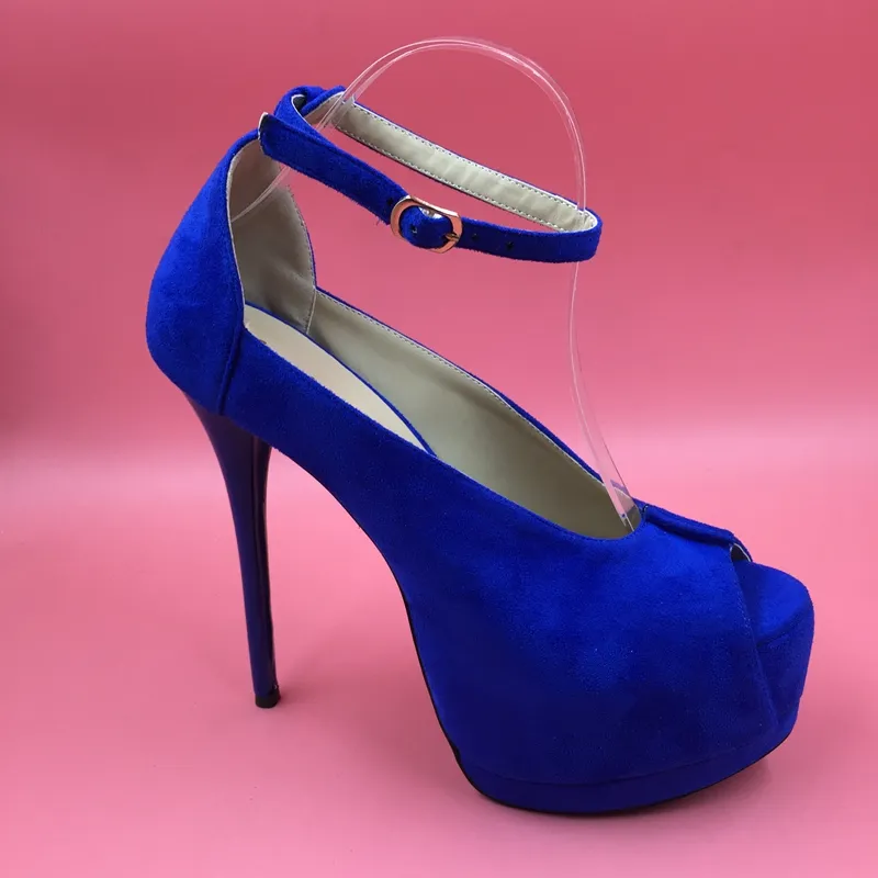 Azul Royal Super High Heel Mulheres Bombas Tornozelo Peep Toe Plataformas Grossas Sapatos de Salto Azul Sapato Feminino Sexy Verdadeiro Tamanho