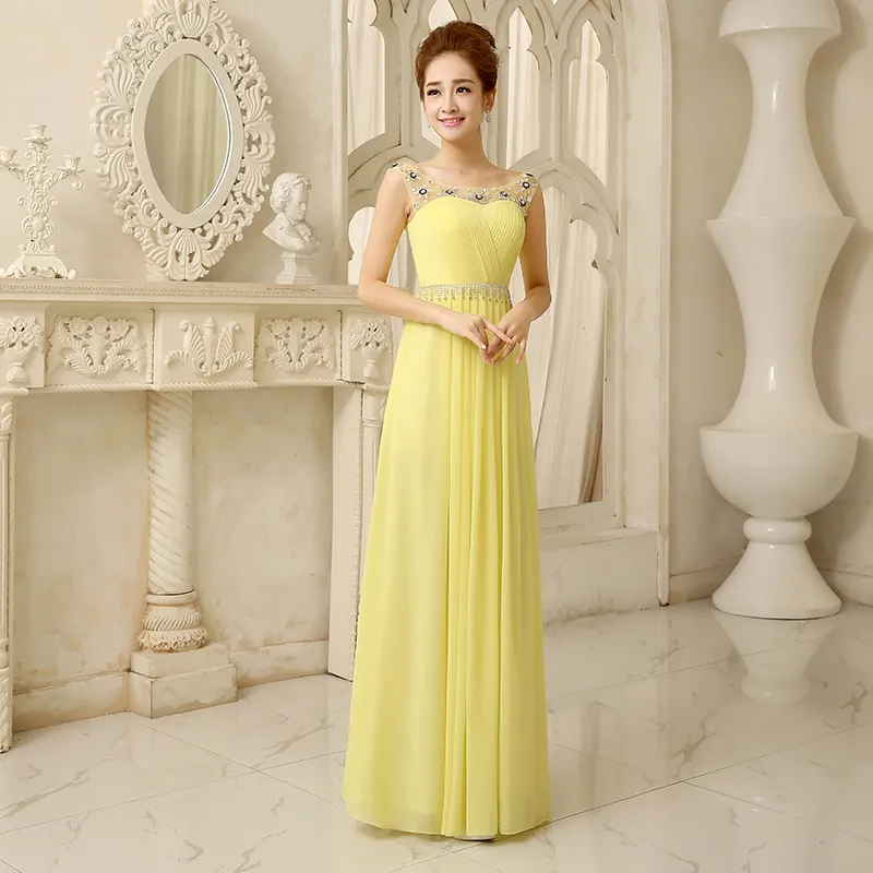 Boncuklu Kristal Uzun Şifon Nedime Elbise Ile Scoop Boyun Çizgisi 2019 Sarı Gelinlik Modelleri Düğün Için Parti