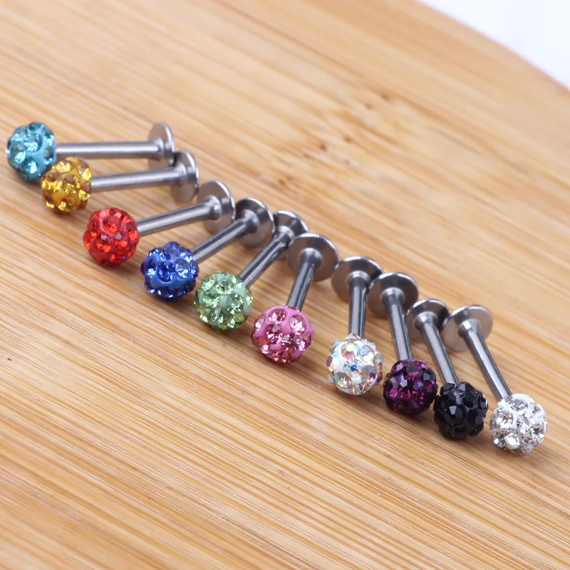 Vücut Takı Tragus Küpe 20 PCS Lot Karışımı 10 Renk 6-12mm Shamballa Ball Cz Gem Disco 3 5mm Vücut Takı Dudak Yüzüğü Labret Piercing312H