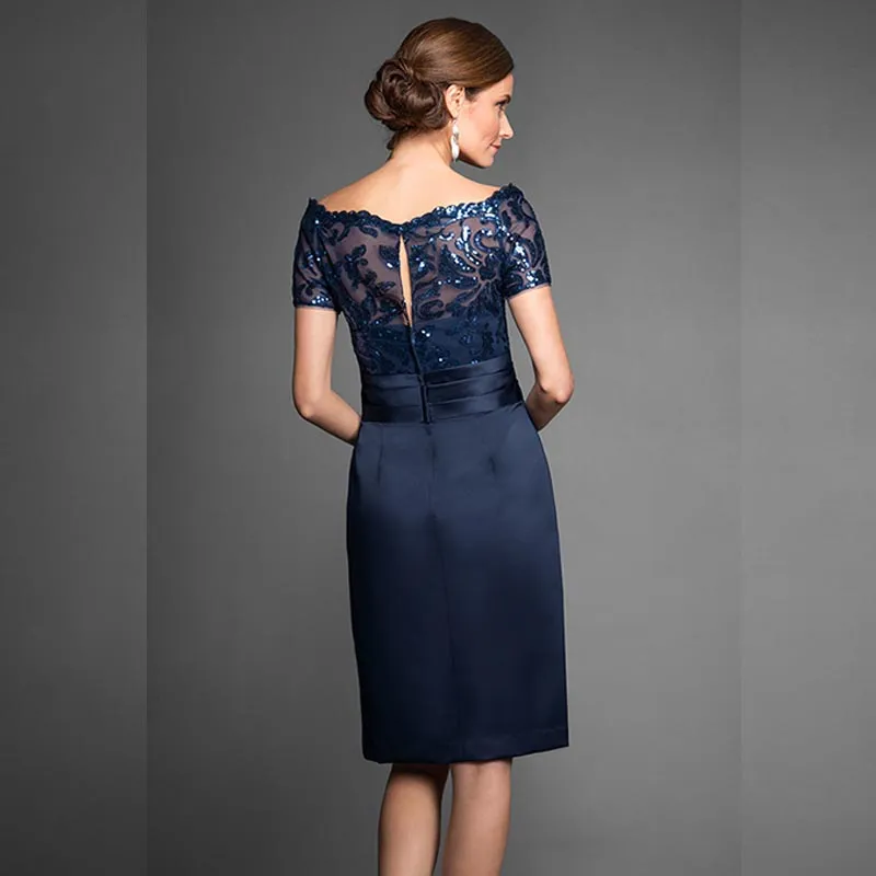 Abiti la madre della sposa blu navy Elegante abito da cerimonia nuziale corto al ginocchio di alta qualità