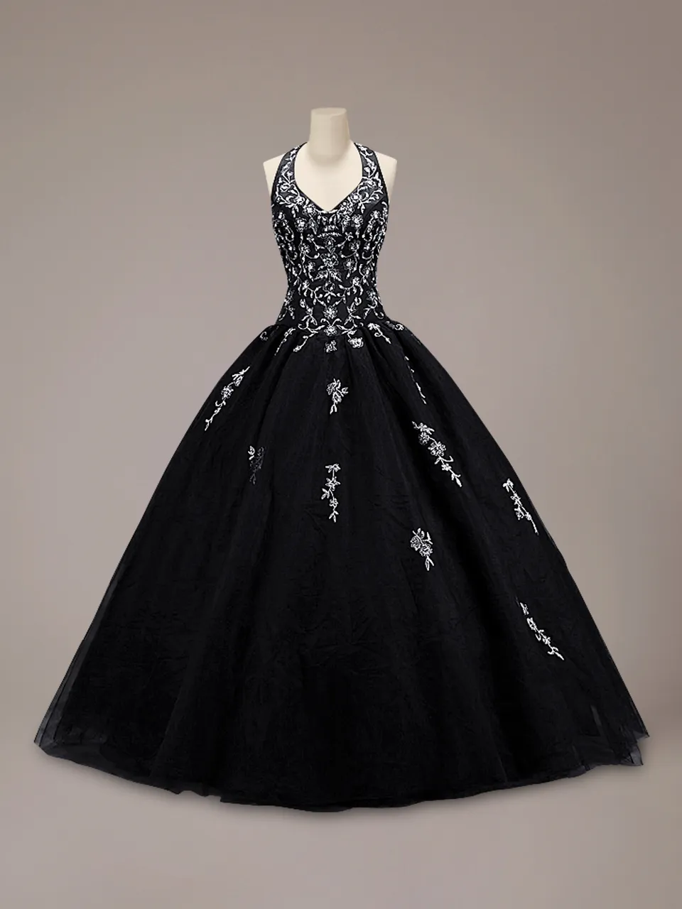 Vintage buntes schwarzes Ballkleid Gothic Hochzeitskleid Neckholder Tüllrock Silber Stickerei bodenlang nicht weiß Brautkleider Couture