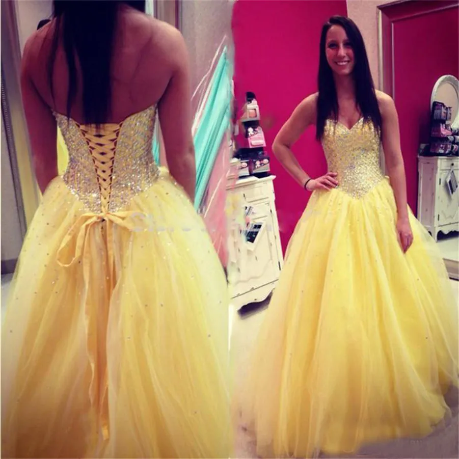 Bollkakor Tulle Beaded Crystal Prom Dress Sweetheart Backless Floor Length Party Gowns Lace Up Yellow Long Formal Afton Dresses