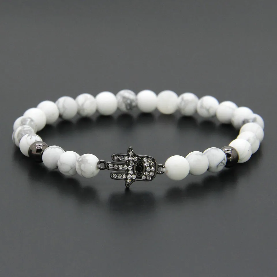 Groothandel 6mm natuurlijke witte howliet marmeren steen kralen micro pave zirkons fatima hand hamsa charme armbanden meisje gift