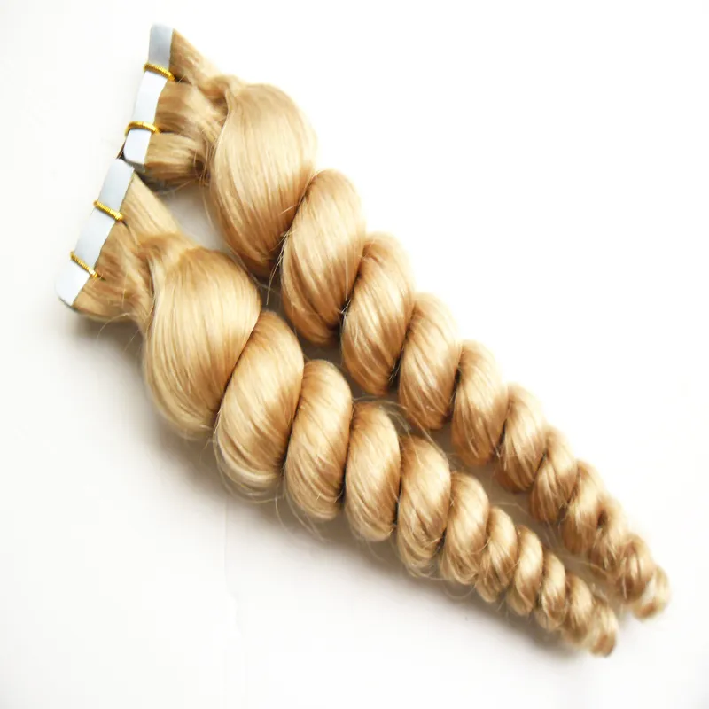 #613 Bleach Blonde Brazilian loose wave Hair tape in human hair extensions 7A 100g skin weft hair extensions loose curly