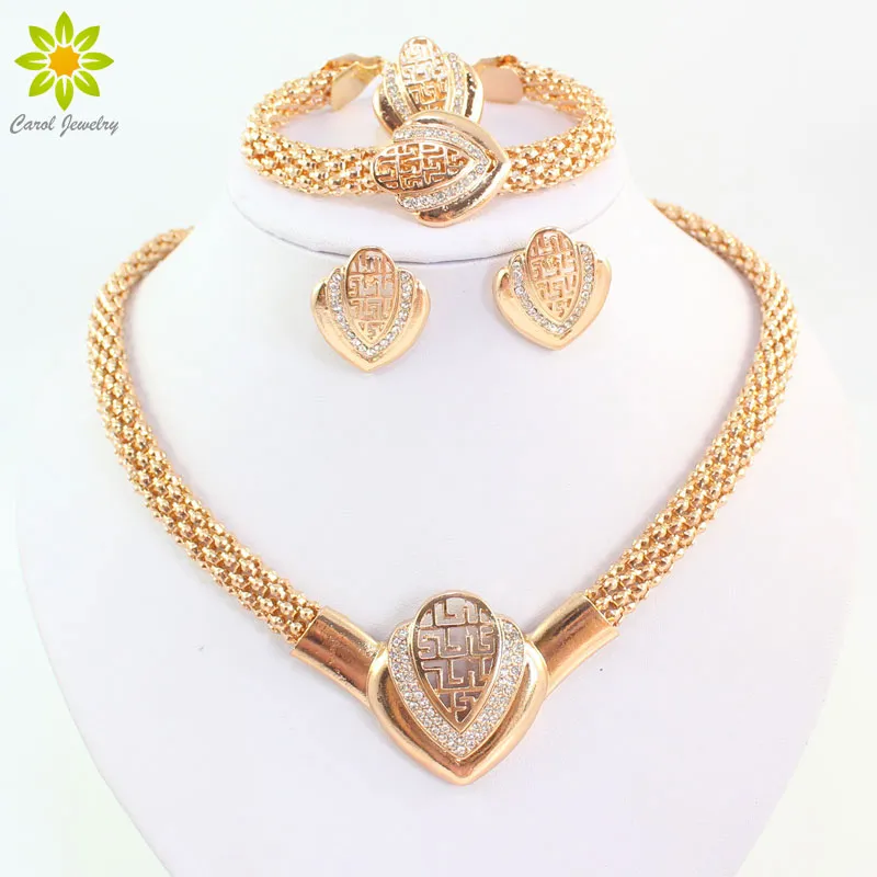 Women Fashion Gold Plated Crystal Necklace Earring Bracelet Ring Dubai Jewelry African Beads Jewellery Costume