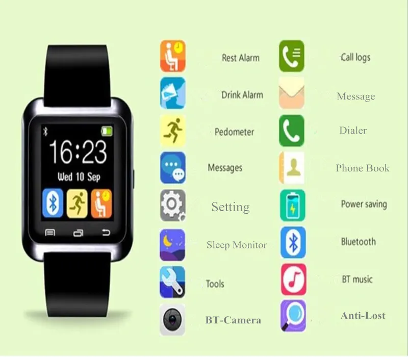 Ny ankomst Bluetooth Smartwatch U80 Titta på smartklocka -klockor för Samsung S4 S5 Note 2 Note 3 HTC Android Phone Smartphones6972868