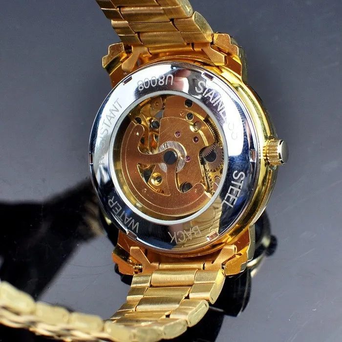 Mens Gold Skeleton Steel Self Mechanical Watch fashion steel men/women clock winner brand stylish design wrist dress skeleton watches gift