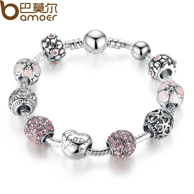 パンドラスタイルアンティーク925シルバーチャームフィットPandora Bangleブレスレットの愛と花のクリスタルボールのための女性結婚式PA1455