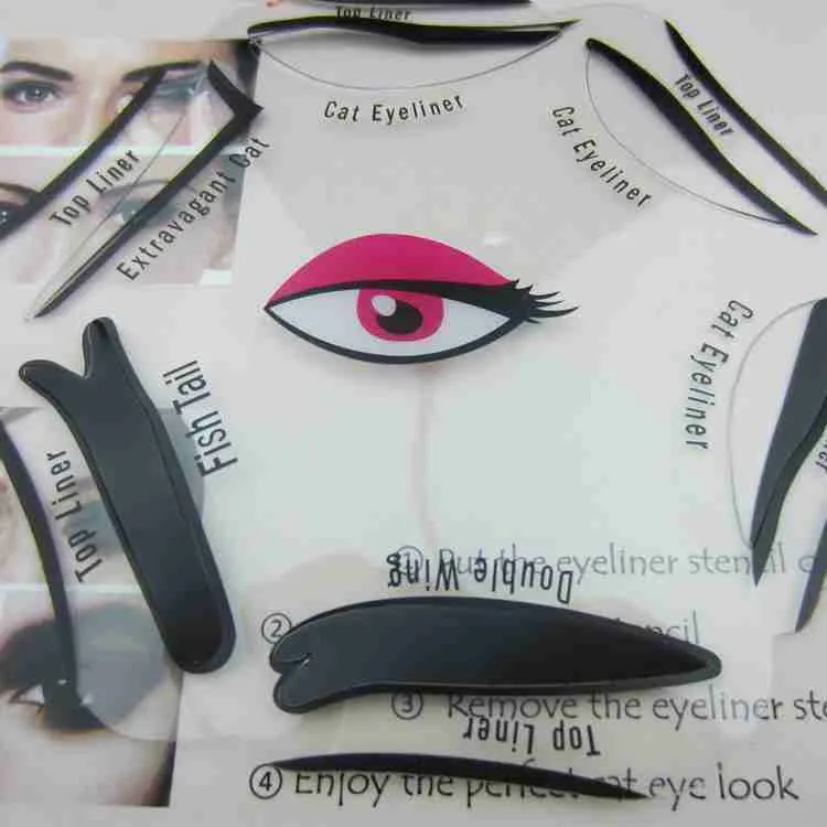 DHL 6 i 1 Multifunktion Eye Stencil Cat Eyeliner Stencil för ögonfodermall Kort Fish Tail Double Wing Eyeliner Sten1625158