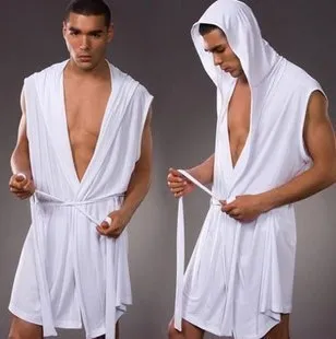 Men's Sleepwear Wholesale- Cotton Men Bathrobe Summer Hooded Robes Leisure Home Sleeveless NightGown Pajama Underwear Gay Dressing Gown