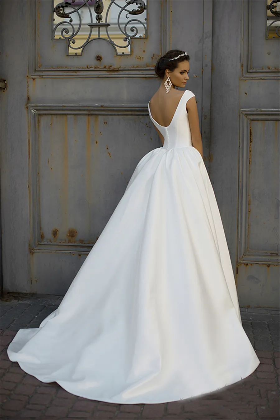 A Line Satin Short Sleeve Wedding Dress With High Neck And Sweep Train ...