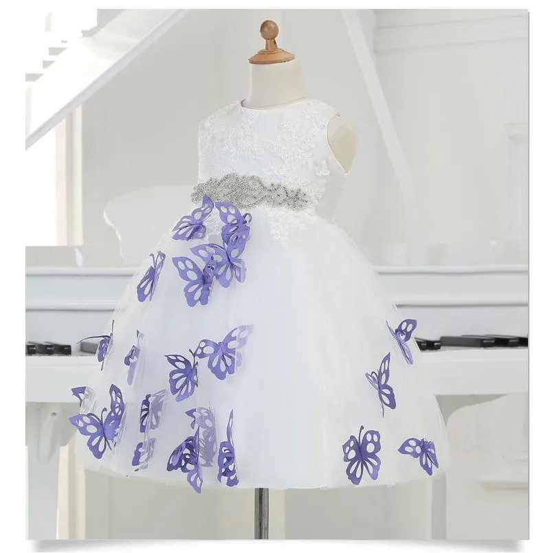 Glizt Flower Girl Wedding Dress White Lace Diamond Ceinture Tulle Robe de soirée enfant Robe d'anniversaire avec papillon Infanti Vestidos 12M-11Y