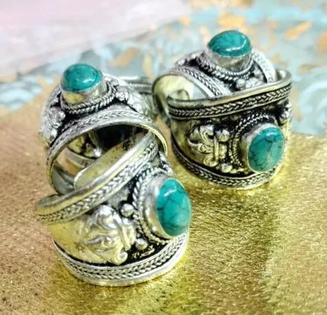 Charme unisex turquoise oude zilveren ring amitabha boeddha verstelbare maat religie