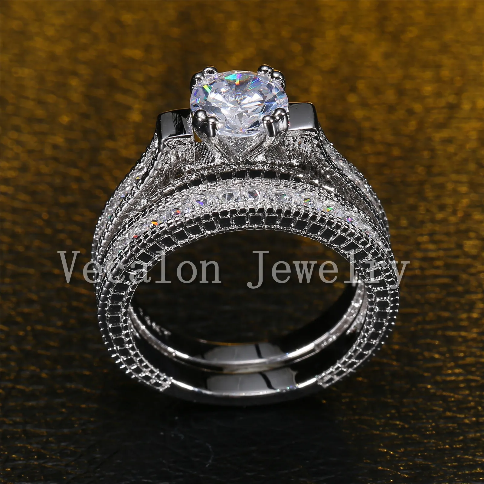 Vecalon rodada corte 3ct simulado diamante cz 2-em-1 anel de banda de casamento conjunto para mulheres 14kt ouro cheio de ouro