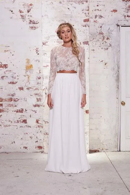 Abiti da sposa bohémien 2 pezzi Abiti da sposa a maniche lunghe Pizzo e chiffon Scollo a barchetta Abito da sposa Boho Crop Top robe de mariage