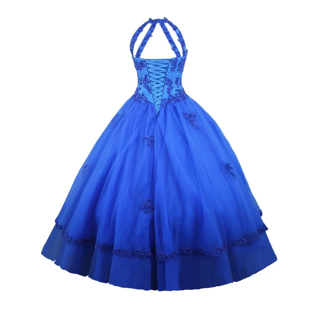 Vestidos de Quinceanera Dressハイネックロイヤルブルーマスカレードボールガウンチュールアップリケスパンコールキーホールバックプロムスウィート16ドレス