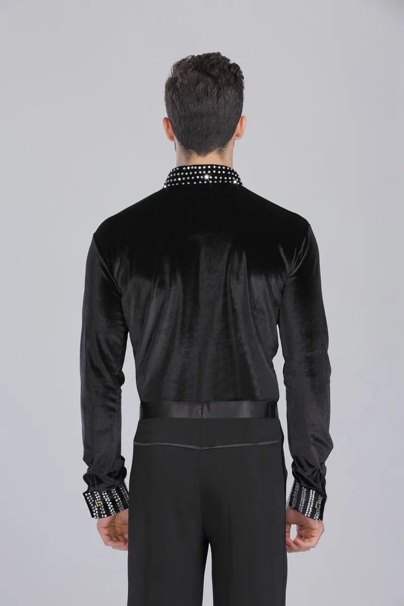 2018 Latin Dance Top Man 165-180cm Ballroom Dance Shirt Black Spandex Velvet Drill Men Dance Shirt Tango Cha Cha Rumba Dancewear293i