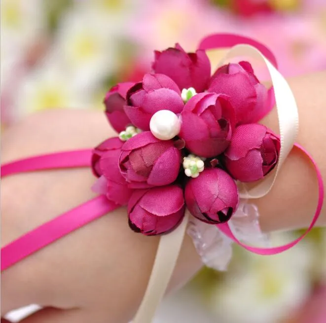 2017 Real 8cm Boutonnieres Wedding Prom Wrist Corsage With Bracelet Bride Flowers Decorative Flowers wreaths Free Shipping HJIA198