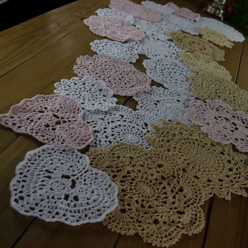 Set med 24 st Crocheted Doilies, Bordservett 6 Beige 12 Vit 6 Rosa, Heart Square Round Coaster, doily för virka hemtextil