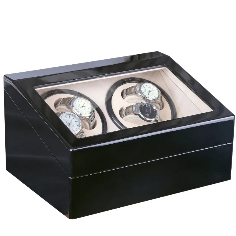Global Plug Use Black Wood Surface Watch Winder Box Inner Velvet Automatic Rotation 4+6 Watch Winder Storage Case Display Clock Winder Box