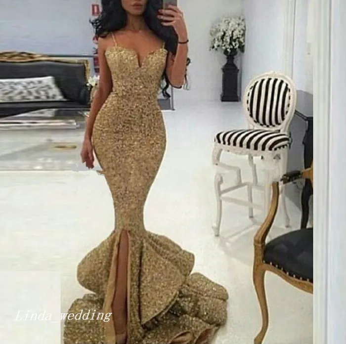 2019 gouden pailletten prom dress sexy zeemeermin spaghetti riemen speciale gelegenheid jurk formele avond feestjurk