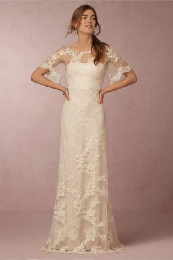 Vintage Lace Applique Lace Sheath Wedding Dress With Illusion
