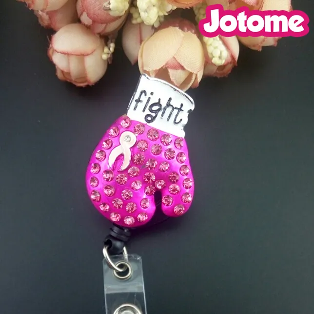 In stock Key Rings 10pcs lot Crystal Rhinestone Pink Breast Cancer Awareness Boxing Gloves Retractable Badge Reel ID Holder233g