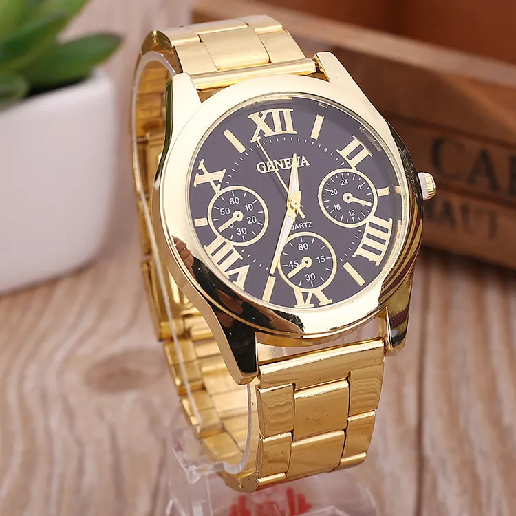 High Quality Luxury Geneva Womens Mens Lady Gold Stailess Steel Roman Analog Quartz Wrist Watch Wristwatches Quartz Movement Watch1922607