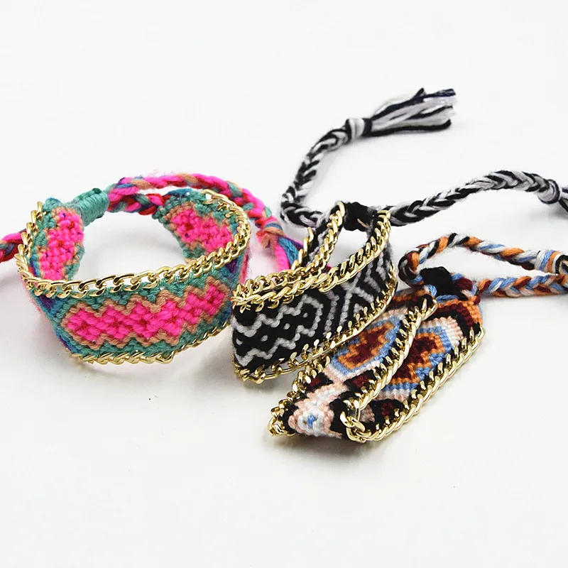 12 couleurs mélangées style vintage coton tricoté unisexe bracelets d'amitié style bohème genève bracelet chaîne en or amitié Brac2303