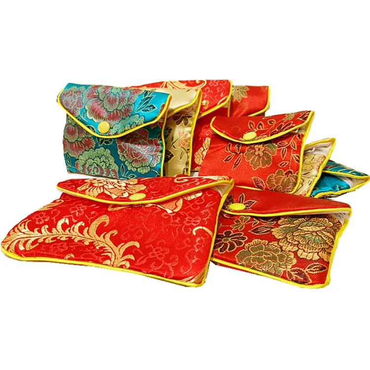 Floral Small Zipper Coin Purse Pouch Chinese Silk Brocade Jewelry Pouch Gift Bag Women Credit Card Holder Bag Whole 6x8 8x10 c297T