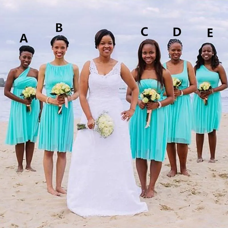 Cheap Chiffon Short Bridesmaid Dresses South Africa Knee Length Blue Beach Wedding Party Gowns Chiffon Ruched African Dress For Bridesmaid