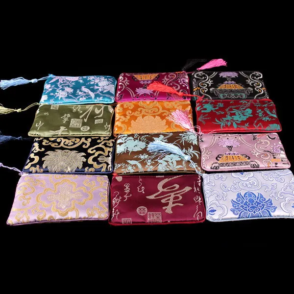 Rectangle Zipper Purse Woman Coin Wallet Bags Tassel Chinese Silk Brocade Fabric Cosmetic Universal Phone Storage Pouch 20 x 10 cm