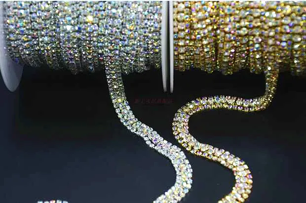 5 jardas 9mm Diamante Strass Cristal AB 3 Linhas de Guarnição De Prata Tone Bolo Banding Decoração / Vestuário beading Accesorry