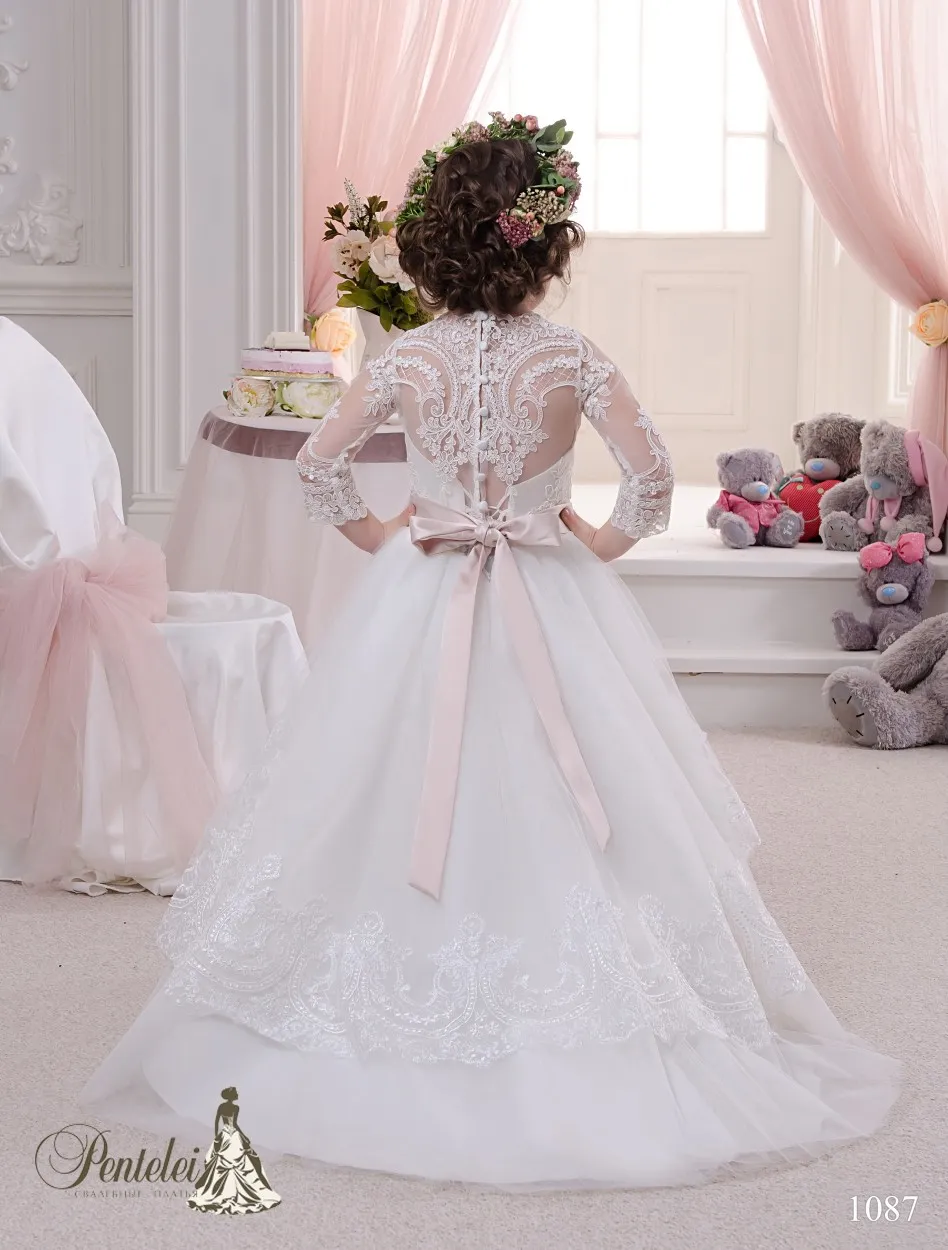 2016 Miniature Bride Dresses with High Neck and Long Sleeves Lace Appliques Tulle Ball Gown Cute Flower Girls Gowns with Train