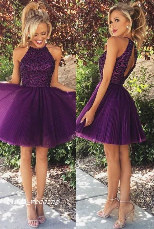 2019 Purple Beaded Cocktail Dress Pretty Short Open Back Prom Party Dress Homecoming Dresses Plus Size vestidos de coctel