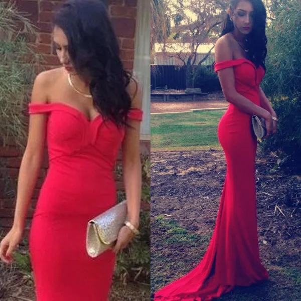 Simple Elegant Engagement Dresses Fitted Long Formal Off the Shoulder Custom Made Red Evening Prom Party Gowns with Sweep Train