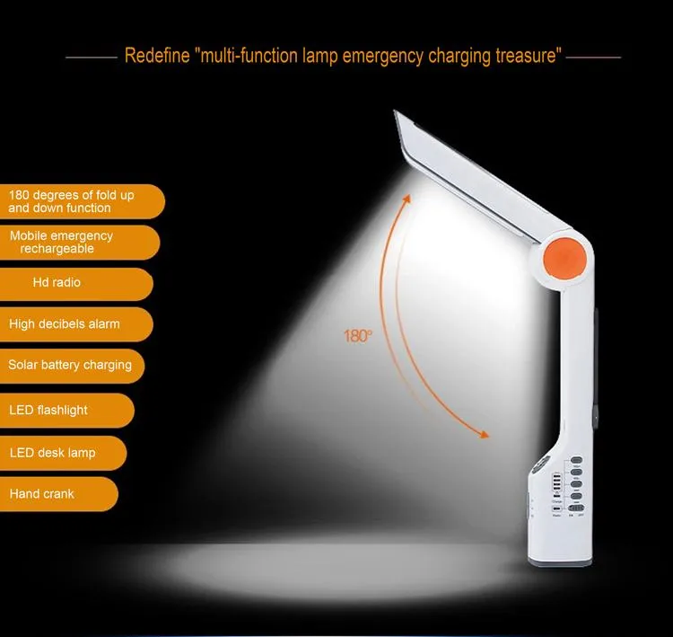 元のXLN-609太陽光発電の多機能デスクランプは、LEDの懐中電灯とスマートフォンの充電器XLN 609の光を持つクランクダイナモFMラジオを手に入れました