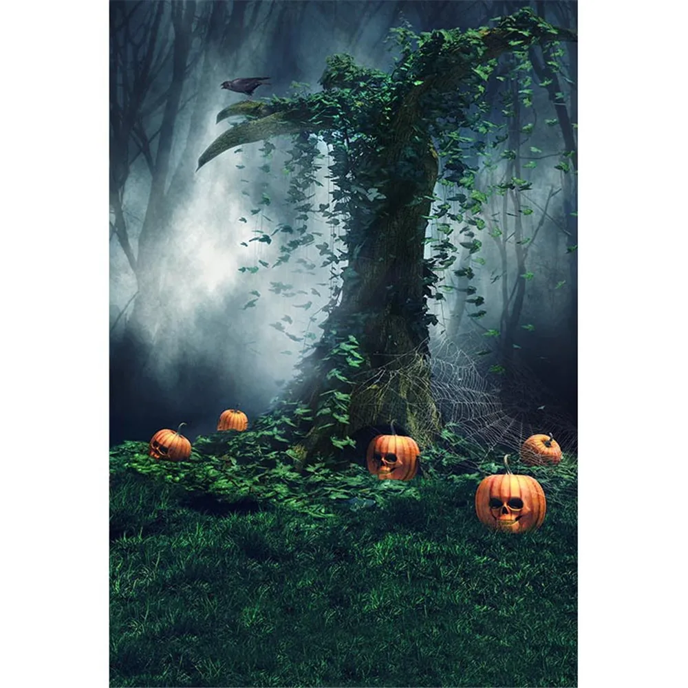 Mysterious Forest Pumpkins Photography Backdrop Halloween Holiday Old Tree Spider Web Children Kids Photo Shoot Backgrounds for Studio