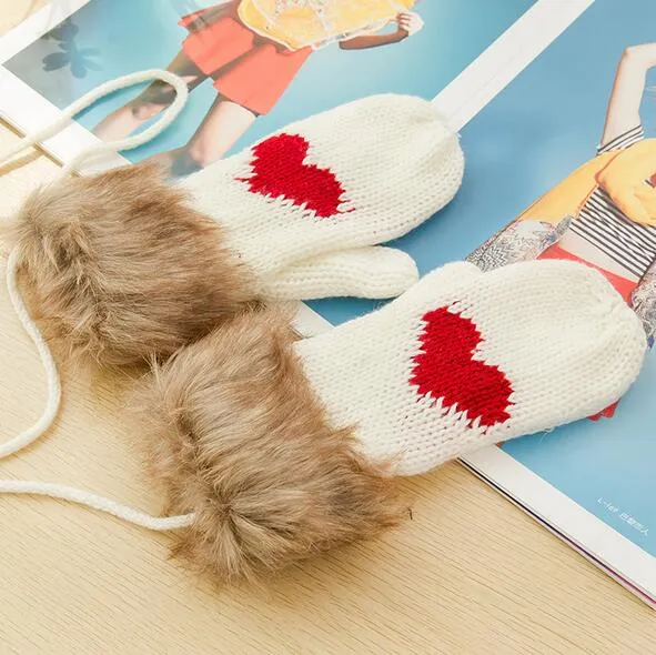 Mooie Winter Warm Thicken Hart Faux Bont Dames Halter Breien Wol Mittens 12pcs / Partij Gratis Verzending