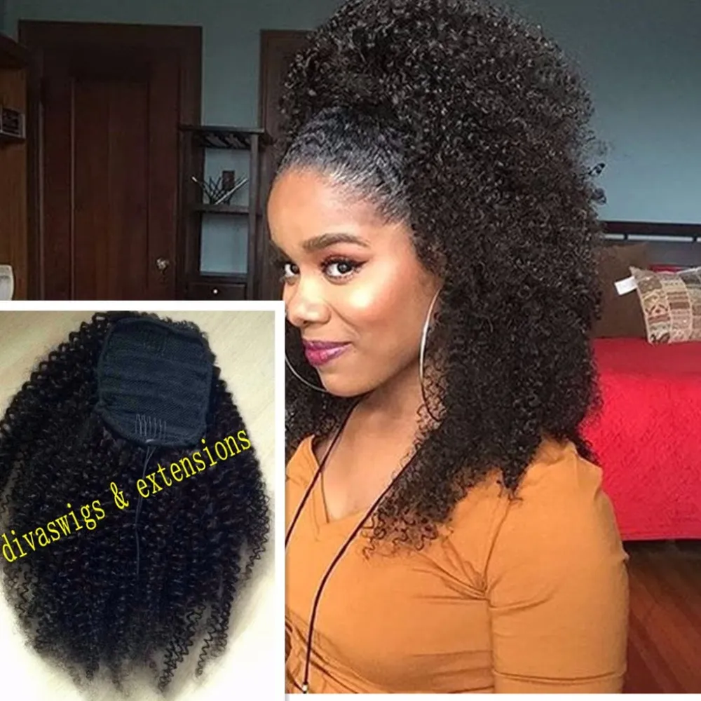 160g African american jet black Afro Puff 3c Kinky Curly drawstring ponytails human hair extension pony tail hair piece