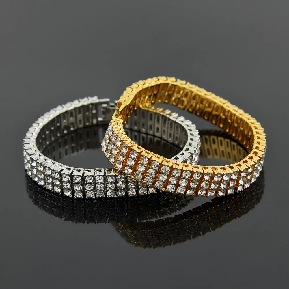 Men Black Gold Silver Finish 3 Row Diamond Simulate Bracelet 8inch 12mm Rhinestone Iced Out Hip Hop Bling ewelry274Q