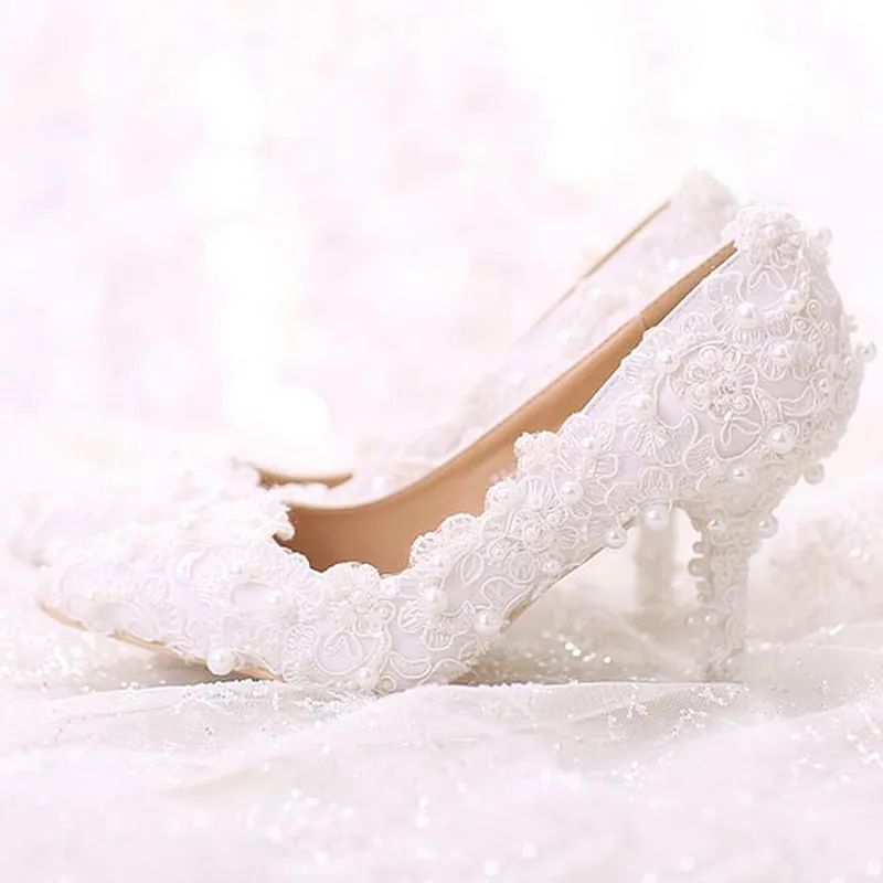 Comfortable Flat Heel White Pearl Sweet Lace Bridal Shoes Bouquet Wedding Party Dress Shoes 2019 Latest Beautiful Women Shoes