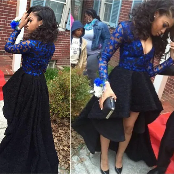 Hi-Lo Long Sleeve Lace Prom Klänningar Royal Blue V Neck Party Dresses 8th Grade African Graduation Dress Evening Dress High Low Vestido Longo