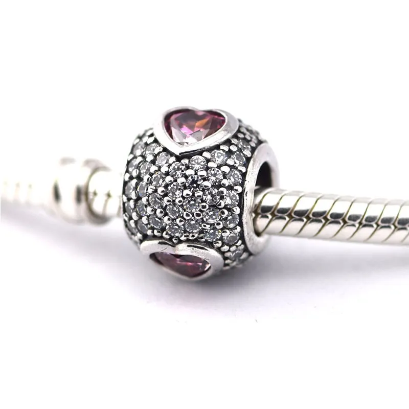 Fit European pandora Charms Bracelet 100% 925 Silver Pave Ball Beads Heart Charm with Clear & Fancy Pink CZ Jewelry Valentine's Day Gift