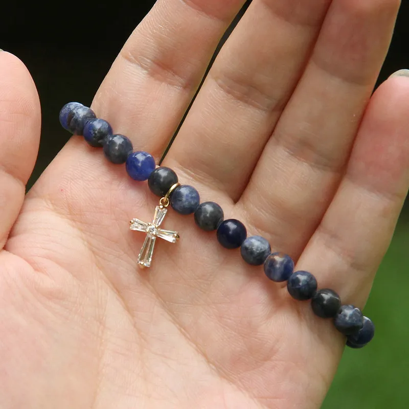 Wholesale New Summer Bracelests 6mm Natural Blue Veins Stone with Clear Zircons Loyal Cross Cz Beads Bracelets Best Gift