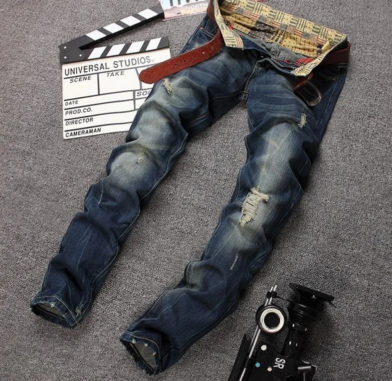 Spring 2016 new light blue patch tide male hole patches beggar jeans straight men's European trousers