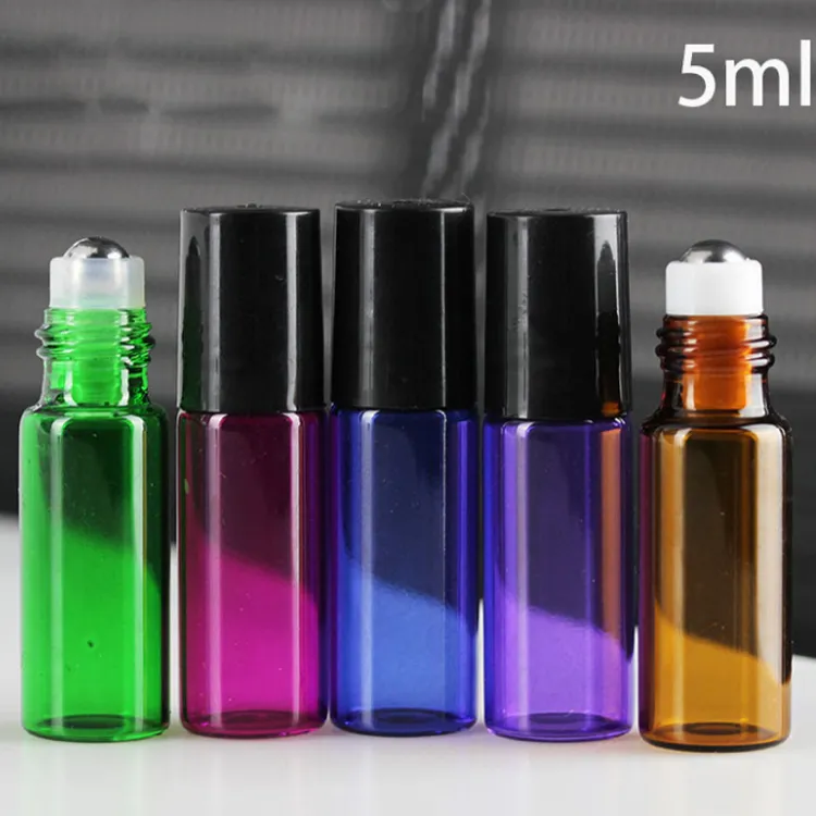 New Popular 5ML garrafas de vidro Roll On coloridos para Perfume óleo essencial com aço inoxidável Rolo e boné preto 1620Pcs 5 cores Livre-DHL