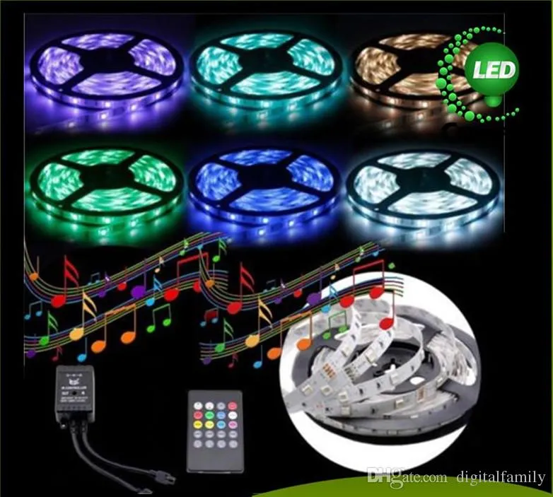 Musik LED Strip 5M 5050SMD RGB 12V Musik Sound Sensor LED Strip Light Christmas Present Vattentät IR-styrenhet 20 Nesigns inkluderar Adapter 5Set